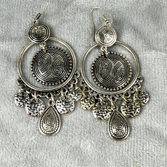Boho Style Silver-Tone Chandelier Earrings Tribal Engraved Discs Teardrop Charms - Picture 2 of 16